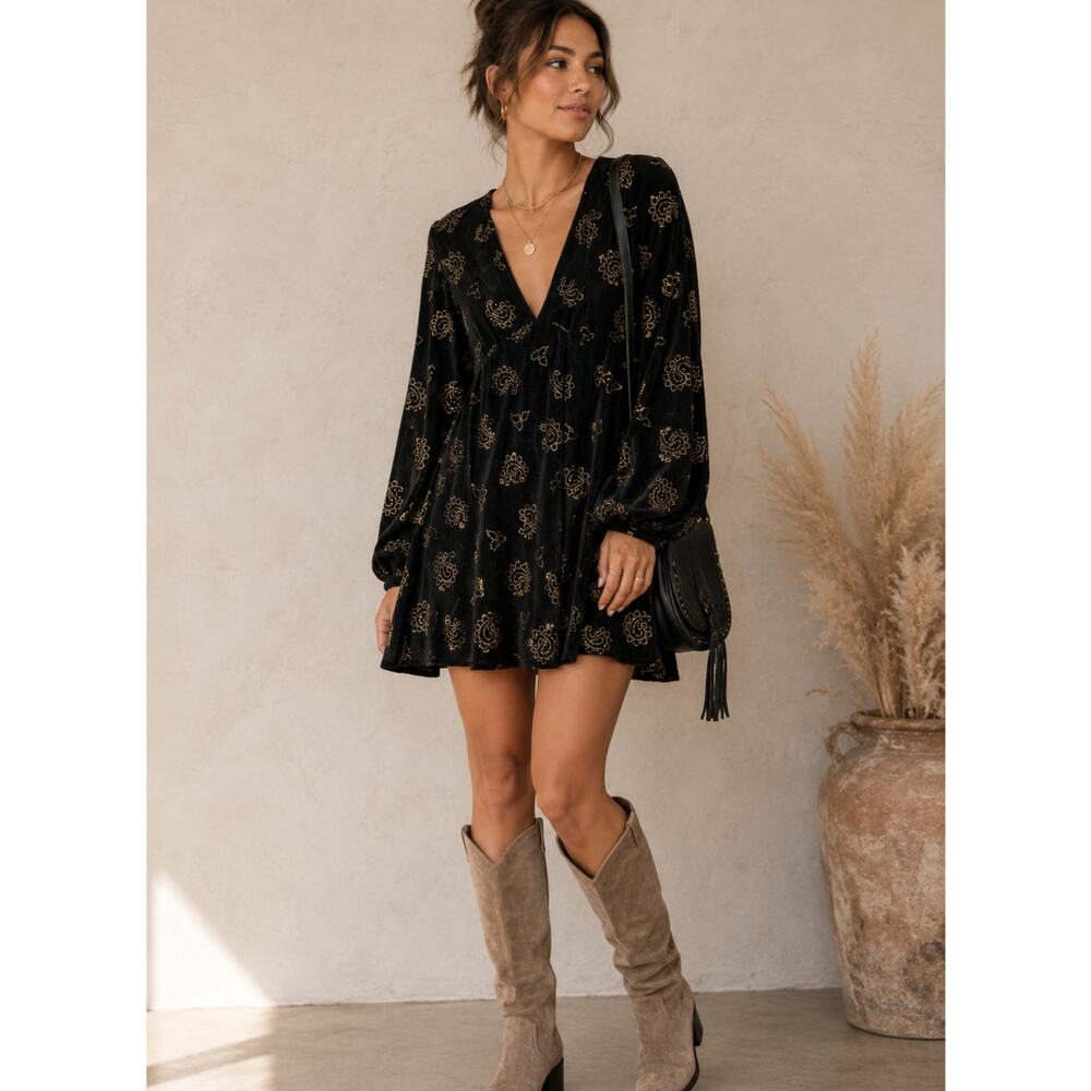 Revolve Tularosa Black Corduroy Gold Paisley Studded Mini Dress Womens S Boho
